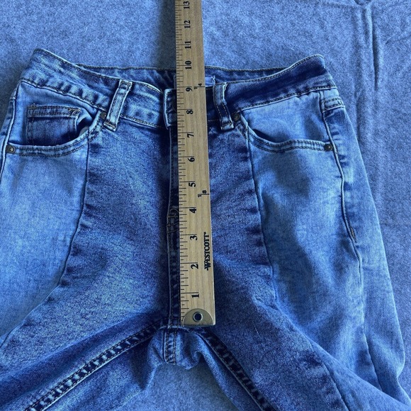 Bamboo Jeans Junior Size 3 Blue Patchwork Flare Raw Hem Front Seam Y2K Boho - Picture 8 of 10